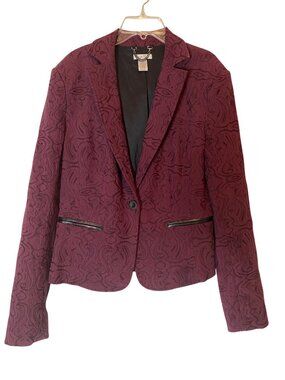 Cache Burgundy Textured Blazer Jacket Faux Leather Trim Size 14